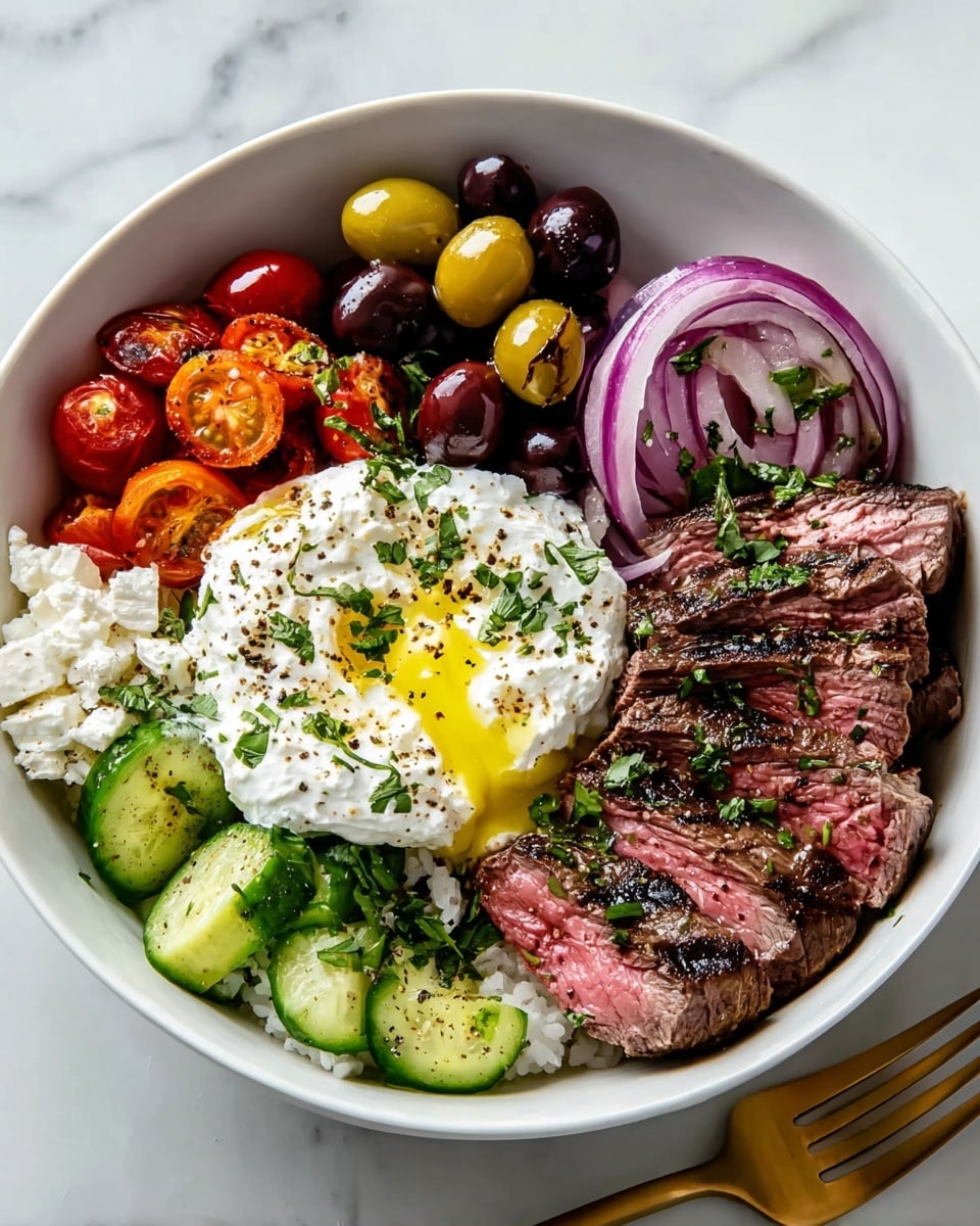 A white bowl on a white marbled surface holds a colorful bowl with several layers. Starting from the base, there are grated white cheese and chopped green herbs spread evenly. On top, grilled steak slices with charred marks and a pink center are placed on one side. Next to the steak, dark purple and yellow olives with a glossy texture are arranged. Beside the olives, grilled cherry tomatoes showing bright red and orange colors with char marks form another layer. Fresh cucumber slices, pale green with a crunchy texture, fill the next section. Thin slices of red onion, light purple and slightly translucent, are placed next to the cucumber. In the center sits a dollop of white creamy cheese drizzled with golden olive oil and sprinkled with black pepper and some green herbs. A gold fork rests on the bottom right side of the bowl. The photo taken with an iphone --ar 4:5 --v 7