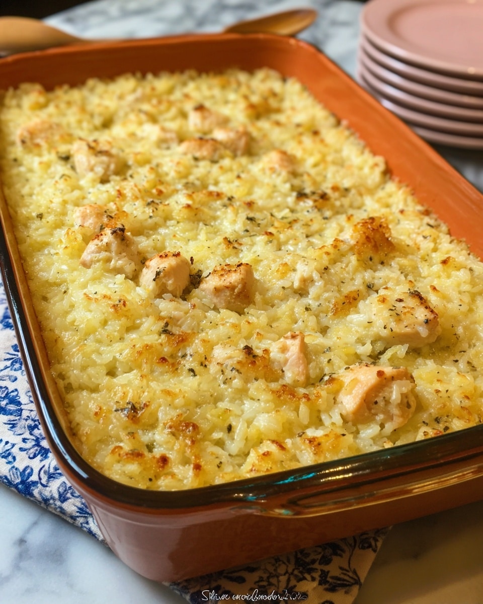 A rectangular orange baking dish filled with a layer of creamy yellow rice mixed with small, uneven pieces of cooked chicken spread evenly across the surface, showing a slightly rough texture with some browned spots on top. The dish is placed on a blue and white floral cloth on a white marbled surface, with a wooden spoon nearby and stacked pink plates blurred in the background. photo taken with an iphone --ar 4:5 --v 7