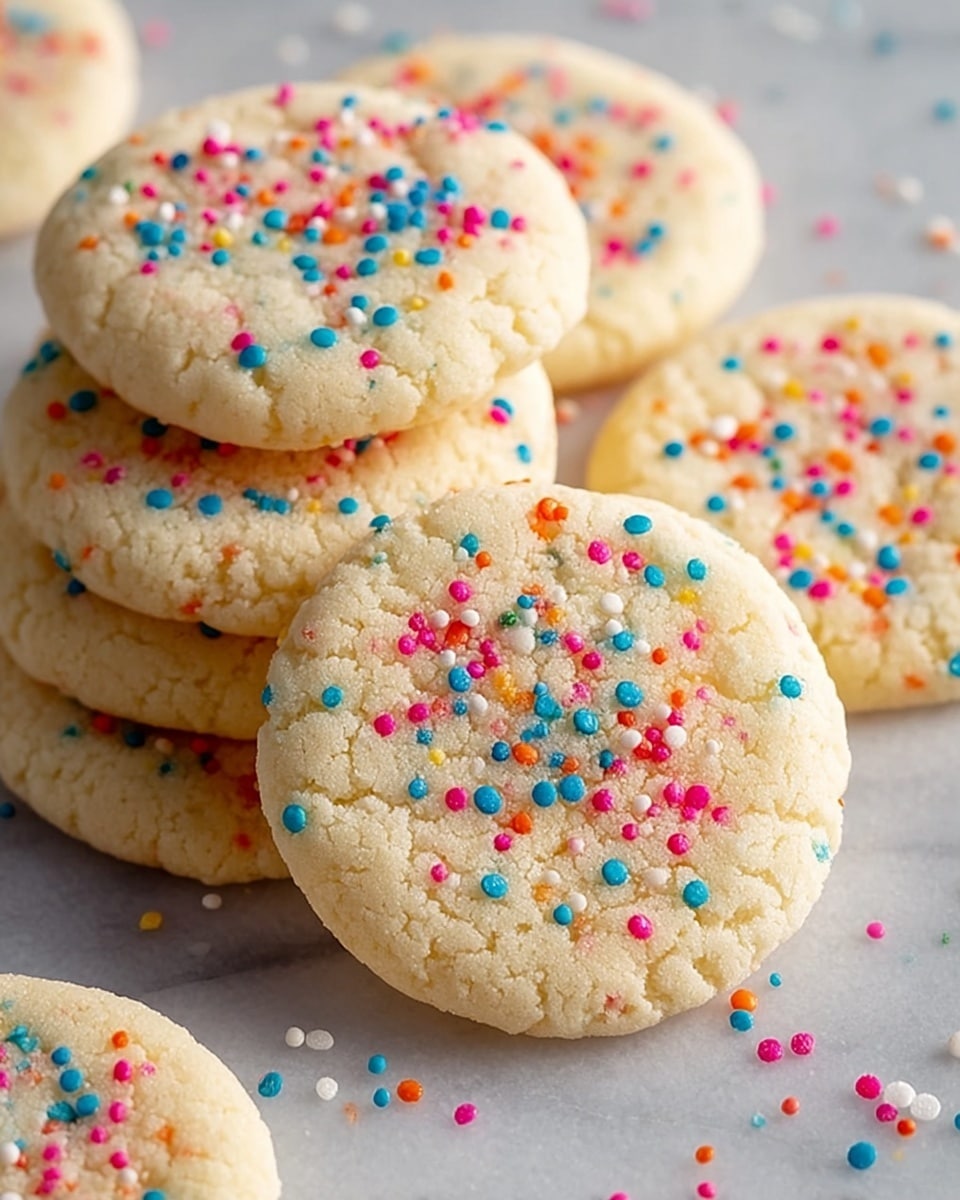 A close-up of a stack of soft, round sugar cookies with a light creamy color, each topped with small, brightly colored round sprinkles in blue, pink, red, white, yellow, orange, and green scattered evenly on the surface. The cookies have a slightly cracked texture and are placed directly on a white marbled surface, with a few sprinkles scattered around them. The layers are not separated but the cookies slightly overlap each other, showing their round shape and soft texture. photo taken with an iphone --ar 4:5 --v 7