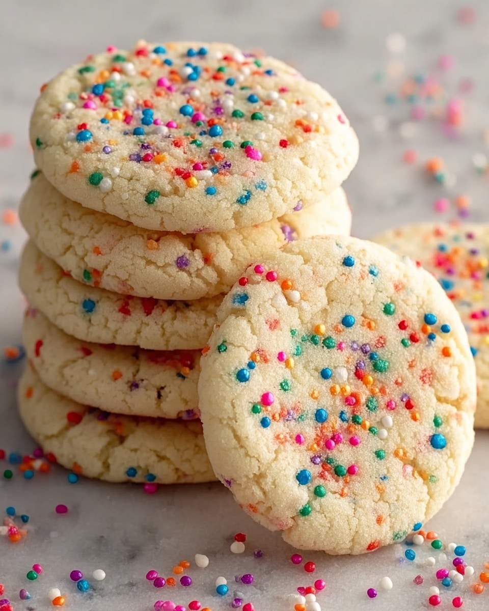 A close-up view of six soft sugar cookies stacked unevenly, each cookie is light beige with a slightly cracked texture and topped with colorful small round sprinkles in red, blue, green, orange, white, pink, and purple scattered all over their flat surface, with some sprinkles fallen around the cookies on a white marbled textured background. photo taken with an iphone --ar 4:5 --v 7