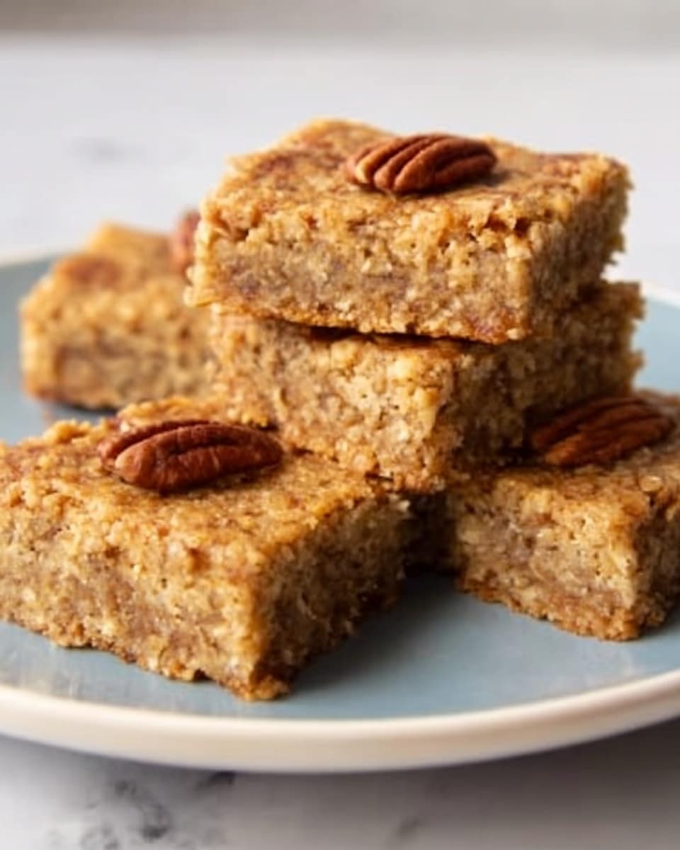 The image shows four square oat bars stacked on a white plate, placed on a white marbled surface. Each oat bar has a crumbly, textured light brown layer with visible oats, topped with a smooth surface and a single pecan half on top. The bars are thick, about two layers in texture—one dense bottom layer and a slightly rougher top layer holding the pecans. The plate’s simple white color contrasts with the golden brown of the oat bars, highlighting their homemade look. Photo taken with an iphone --ar 4:5 --v 7