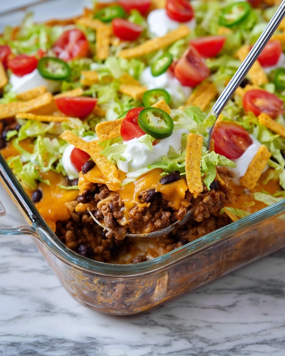 A clear glass baking dish holds a layered taco casserole with visible multiple layers. The bottom layer is a mix of cooked ground beef and black beans in a brownish color. Above this is a layer of melted orange cheddar cheese covering the meat. On top, there is a fresh layer of green shredded lettuce scattered with red tomato wedges and sliced green jalapeños. Creamy white dollops of sour cream sit on top. Thin yellow corn chip strips are sprinkled over everything. A silver spoon is lifting a portion out from the dish. The whole scene rests on a white marbled surface. Photo taken with an iphone --ar 4:5 --v 7