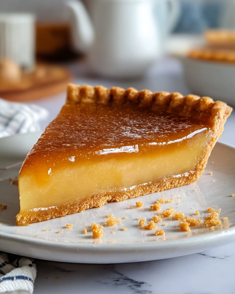 The image shows a single slice of pie on a white plate. The pie has two layers: a thick, smooth, light yellow filling layer and a shiny, caramel-colored top layer, both contained by a golden-brown, flaky crust with a slightly crimped edge around the top. Crumbs are scattered lightly on the plate around the pie. The setting is a white marbled texture, with a soft focus background that includes a white teapot and some blurred objects. Photo taken with an iphone --ar 4:5 --v 7