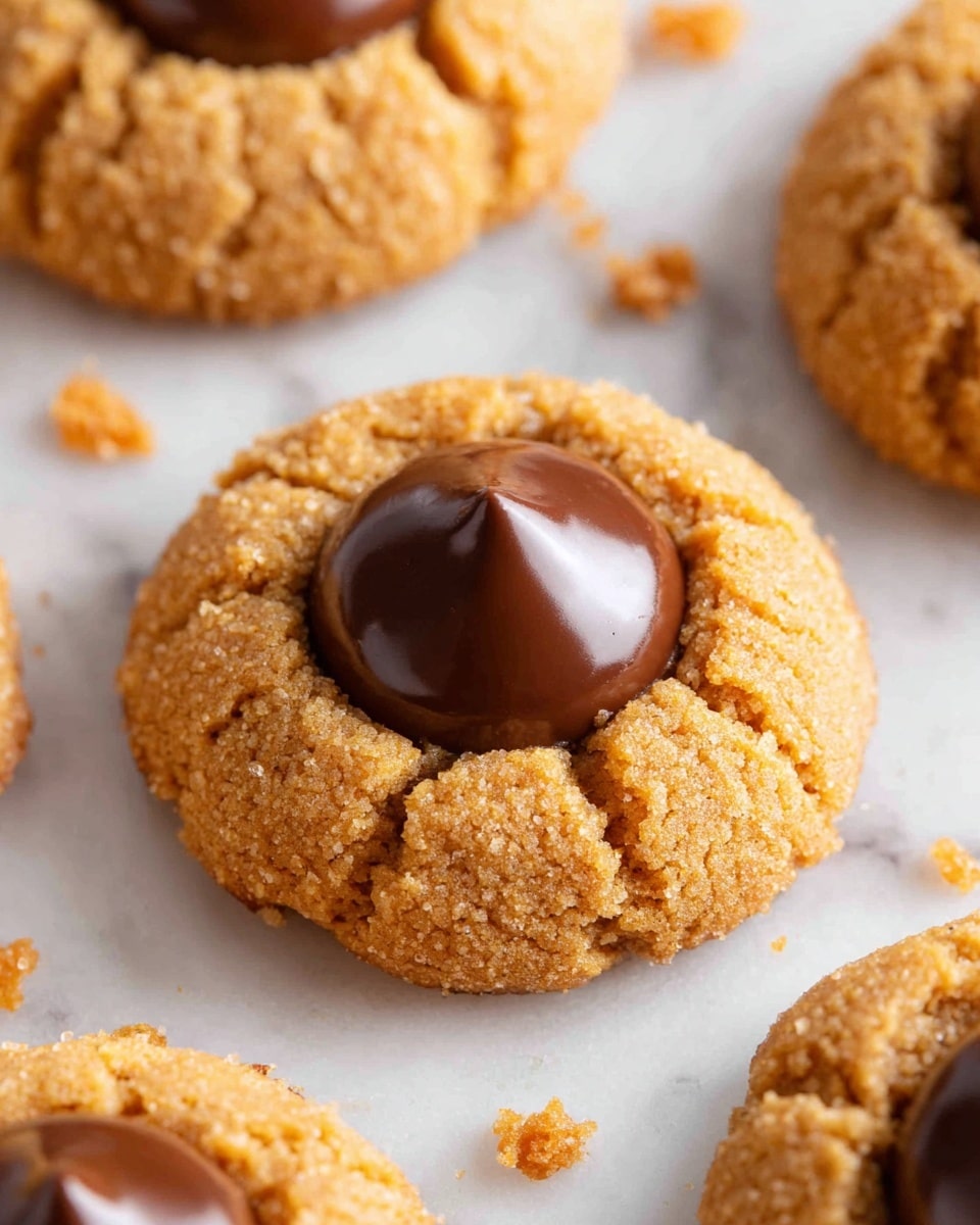 A close-up view of a single cookie with two layers, placed among other similar cookies on a white marbled surface. The first layer is a round, golden-brown cookie with a rough and slightly crumbly texture, showing small cracks and a shiny surface. The second layer, positioned in the center of the cookie, is a smooth, round dollop of dark chocolate, slightly domed with a subtle shine. Small crumbs from the cookies are scattered lightly around the cookies on the white marbled surface, creating a warm and inviting appearance. photo taken with an iphone --ar 4:5 --v 7