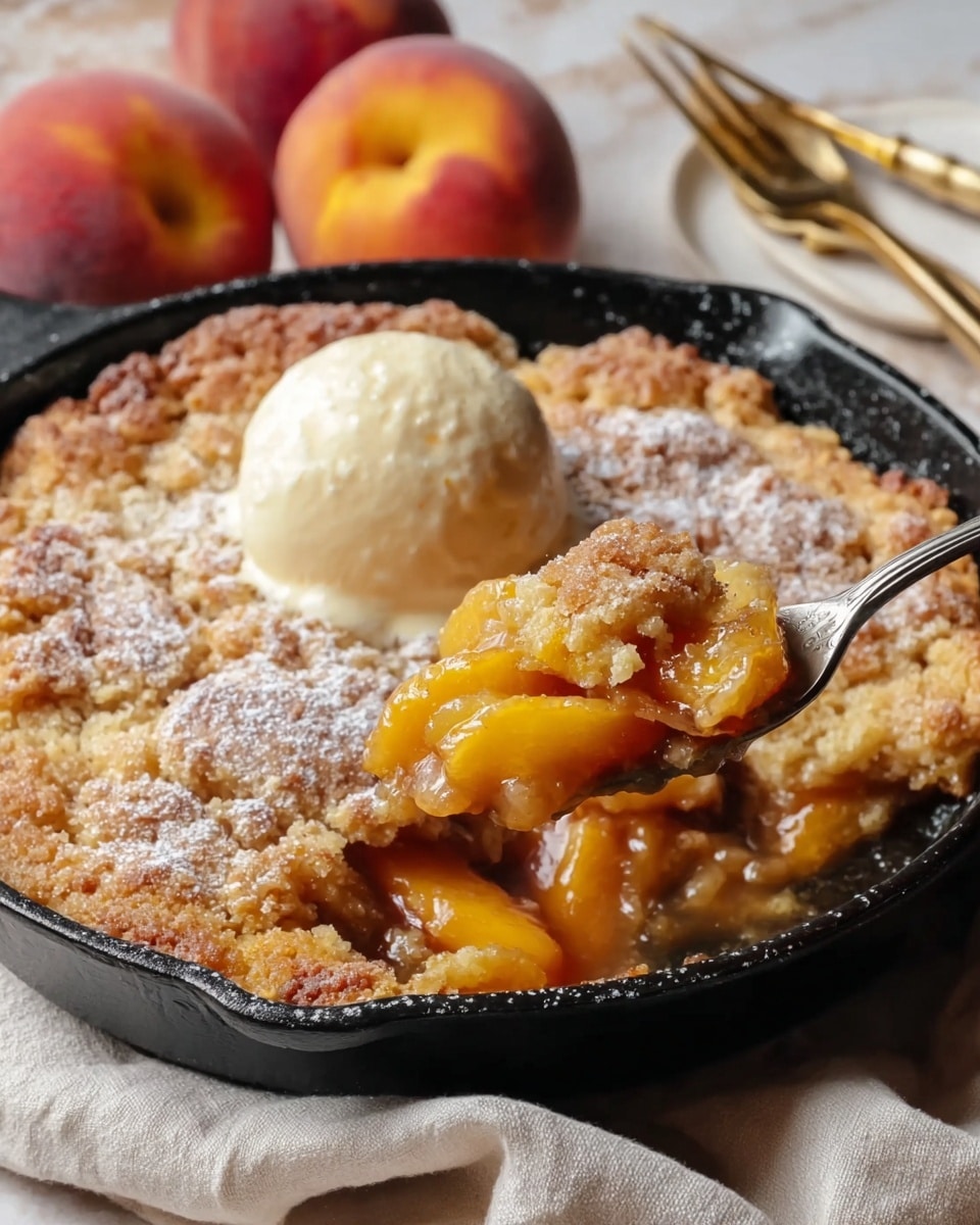 The image shows a dessert with three layers: the bottom layer is juicy, soft, golden peach slices with a syrupy texture; the middle layer is a thick, crumbly topping that is light brown and slightly crispy with some sugar dusted on top; the top layer is a white scoop of smooth, melting vanilla ice cream placed slightly off-center. The dessert is served in a rustic, dark bowl with a wooden look on the outside, and a woman's hand is holding a gold spoon scooping into the peaches. The background is a white marbled texture. Photo taken with an iphone --ar 4:5 --v 7