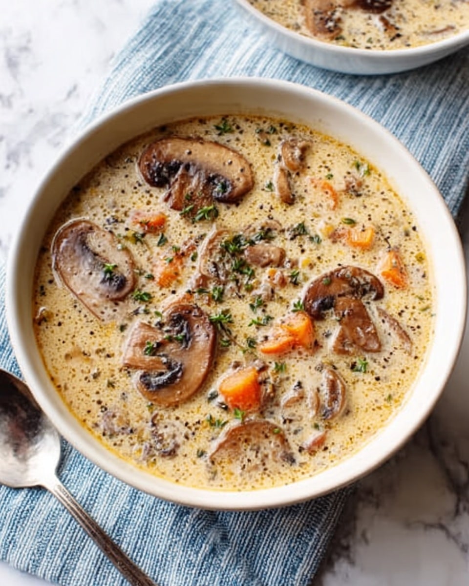 The image shows a white bowl filled with creamy mushroom soup that has visible slices of brown mushrooms and small orange carrot pieces. The soup has a smooth, slightly thick texture with herbs sprinkled on top, adding a touch of green. The bowl is placed on a white marbled surface with a blue-striped cloth underneath, and a silver spoon is lying nearby. The overall look is warm and inviting, with the colors of mushrooms, carrots, and herbs contrasting nicely against the creamy soup. Photo taken with an iphone --ar 4:5 --v 7