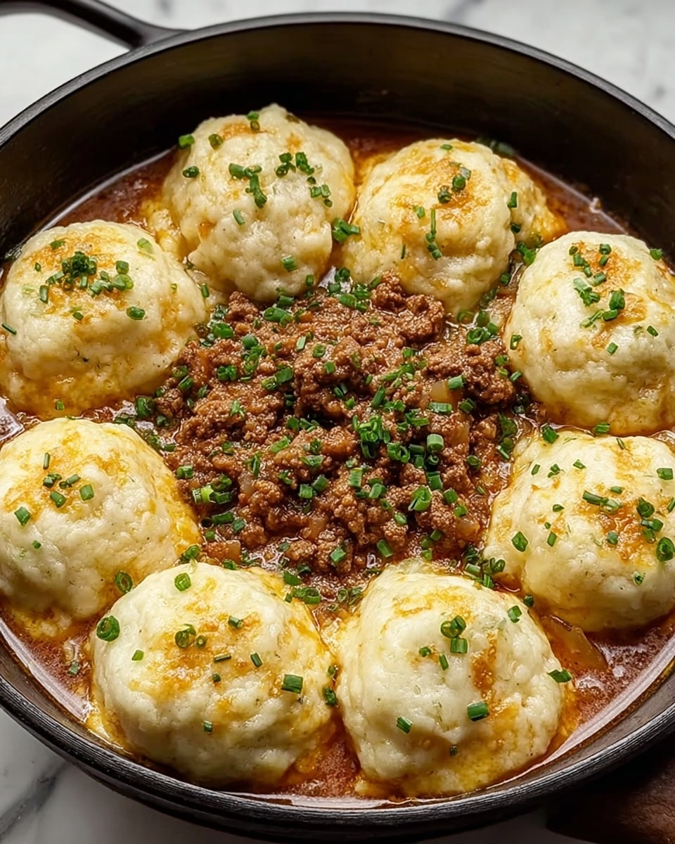 The image shows a black pan filled with a dish of seven large, soft, creamy white dumplings arranged around the edge, each topped with small bits of green herbs and a light golden brown patch. The dumplings have a slightly textured surface, looking fluffy and moist. In the center inside the pan is a rich, chunky sauce mixture with crumbled browned ground meat and diced onions, garnished with small bright green chopped chives. The sauce looks thick and reddish-brown, partially surrounding the dumplings. The pan sits on a white marbled surface. photo taken with an iphone --ar 4:5 --v 7