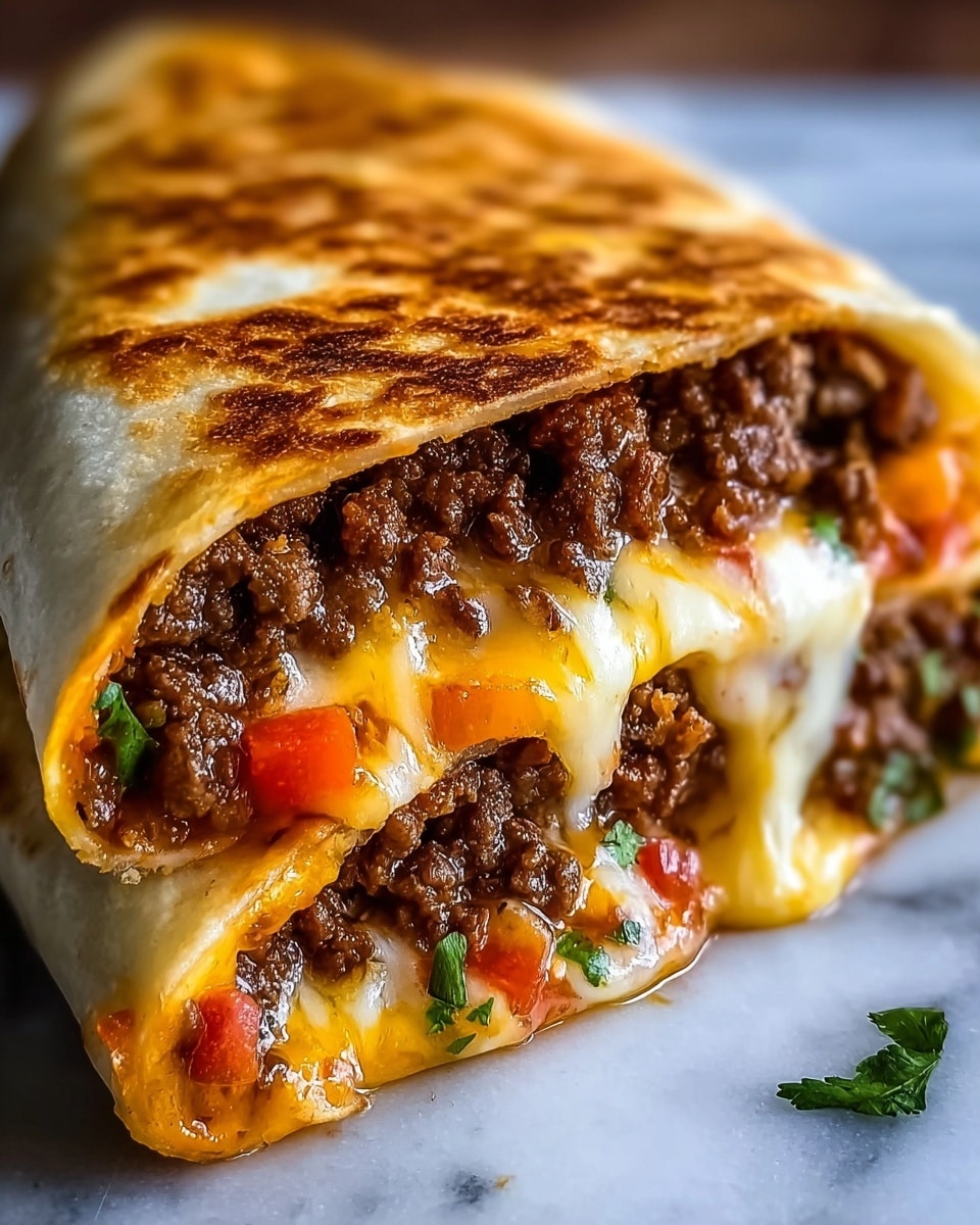 A close-up of a soft, golden-brown toasted tortilla wrap filled with multiple layers inside: at the base is melted yellow cheese dripping out from the bottom, followed by brown cooked ground beef with a slightly glossy texture, topped with small chopped bright red tomatoes and a little bit of green herb garnish. There is also a dollop of white sour cream visible near the cheese. The wrap rests on a white plate with a white marbled surface in the background. Photo taken with an iphone --ar 4:5 --v 7