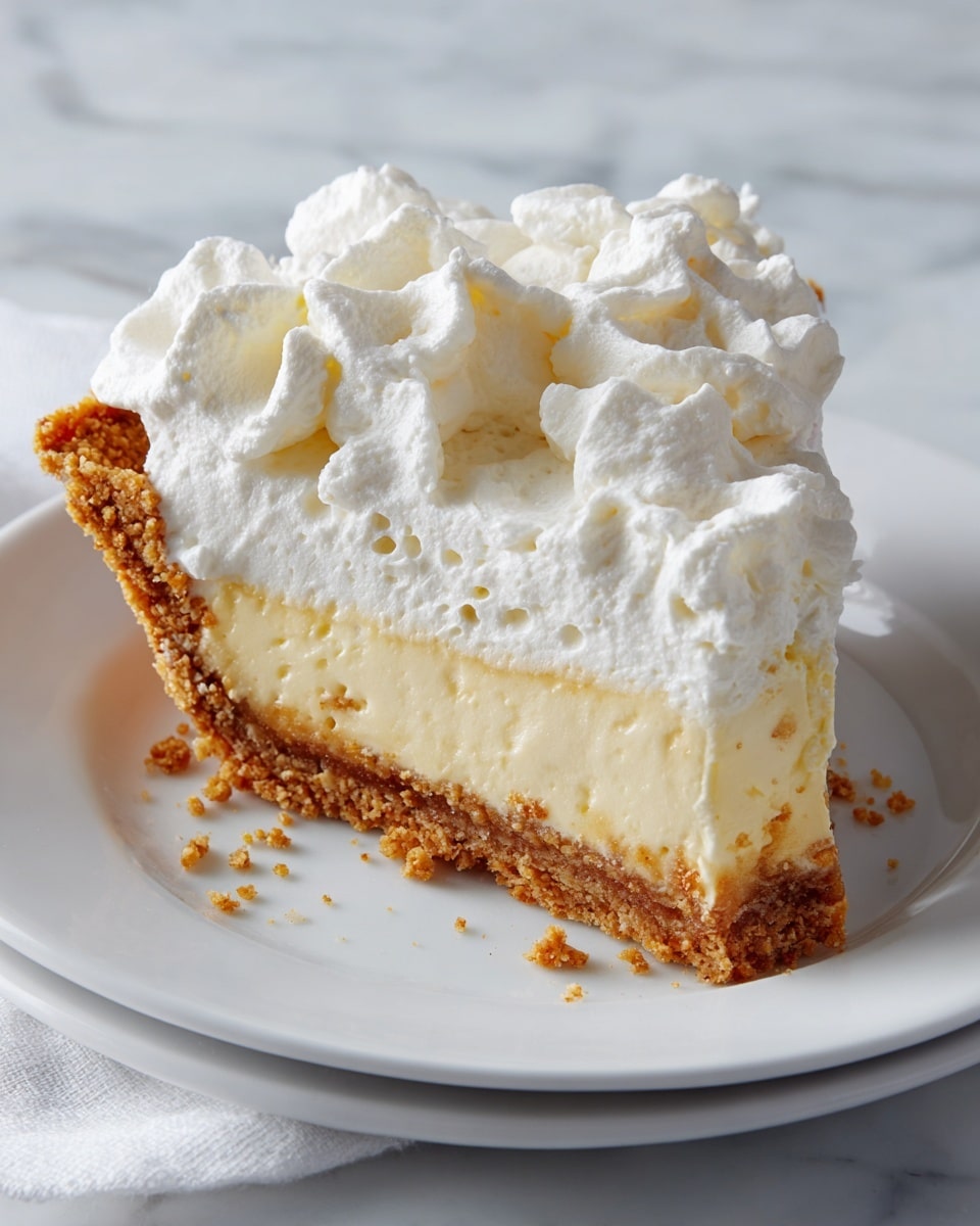 A slice of pie with three layers sits on a white plate on a white marbled surface. The bottom layer is a crumbly golden brown crust. Above it, there is a creamy off-white filling, smooth and thick. The top layer is a fluffy white whipped cream, decorated with large soft peaks all over, creating a light and airy texture. The edges of the pie slice show off the clearly defined layers and textures. photo taken with an iphone --ar 4:5 --v 7