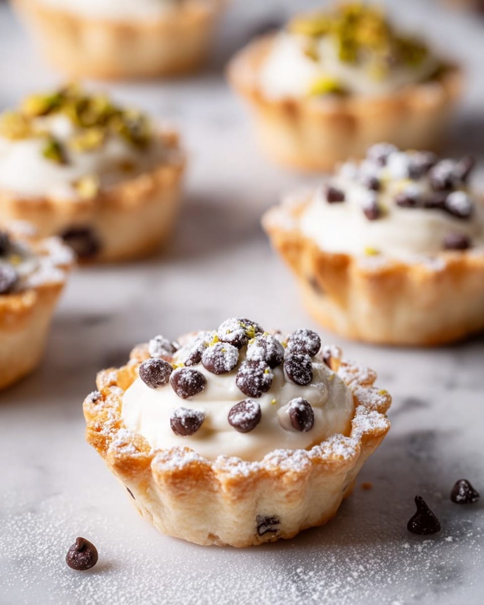 The image shows small tartlets with a flaky, golden-brown crust that forms a flower-like edge. Each tartlet has two visible layers: a creamy white topping that looks soft and smooth, and small chocolate chips scattered on top with a few dusted with powdered sugar. The tartlet in the front is in clear focus on a white marbled surface, while several other tartlets blur softly in the background, some topped with crushed pistachios giving green and yellow speckles. The overall look is clean, light, and inviting, with natural soft lighting highlighting the texture of the crust and cream. Photo taken with an iphone --ar 4:5 --v 7
