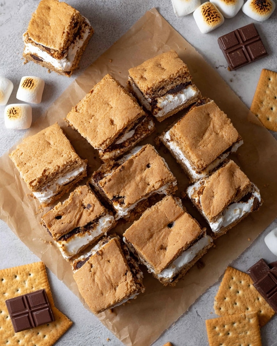 The image shows a group of square s'mores bars arranged on brown parchment paper placed on a white marbled surface. There are three visible layers in each bar: the bottom layer is a light brown crispy graham cracker crust, the middle layer is white melted marshmallow filling, and the top layer is a golden-brown baked cookie crust with slight cracks. Surrounding the bars are extra pieces like toasted marshmallows with charred spots, rectangular graham crackers, and small rectangular pieces of Hershey’s chocolate. The overall look is warm and inviting with different textures, colors, and shapes clearly visible. photo taken with an iphone --ar 4:5 --v 7