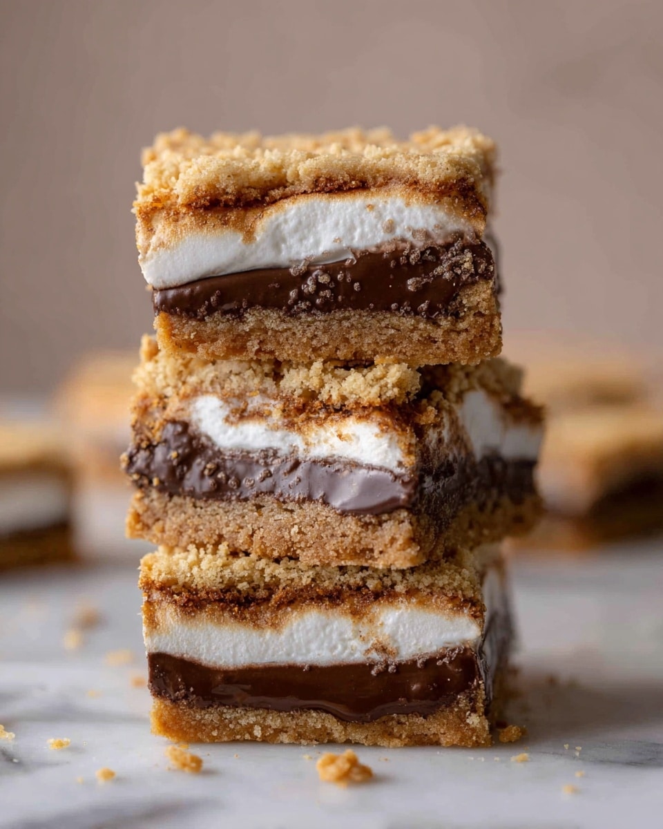 The image shows a stack of three square dessert bars on a white marbled surface, each bar with three clear layers: a bottom and top layer of golden-brown crumbly cookie, a thick middle layer of rich dark chocolate, and a fluffy white marshmallow layer in between the cookie and chocolate parts. The marshmallow looks soft and slightly melted, oozing a little at the edges. The bars have a homemade and slightly crumbly texture with small crumbs scattered around. The background is plain and soft-colored, focusing attention entirely on the bars. photo taken with an iphone --ar 4:5 --v 7