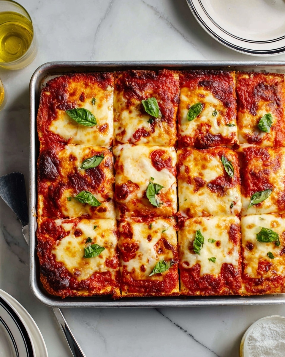 The image shows a rectangular deep-dish pizza in a metal baking pan, cut into eight square pieces. The base layer is a thick, golden-brown crust that fills the pan. On top is a bright red tomato sauce spread evenly. The next layer is melted cheese, golden and bubbly with browned spots, covering the surface irregularly. Scattered on the cheese are small, fresh green basil leaves that add a pop of color. The pan is placed on a white marbled surface, with parts of a white plate with black trim and other small dishes visible near the edges. photo taken with an iphone --ar 4:5 --v 7