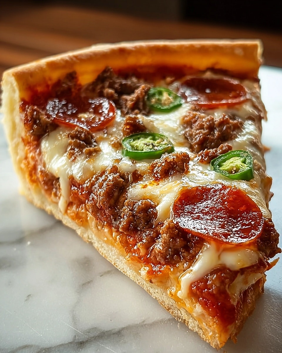 A close-up view of one thick slice of pizza showing four main layers: at the bottom a light tan, soft crust with a slight edge, topped by a rich, red tomato sauce layer that peeks slightly at the sides; above that a layer of browned, crumbly ground meat mixed with bits of cheese; then a generous layer of melted mozzarella cheese that is creamy white with golden brown spots, stretching slightly; and on top small, shiny, round dark red pepperoni and a few slices of green jalapeño peppers scattered around. The slice rests on a smooth white marbled surface. Photo taken with an iphone --ar 4:5 --v 7
