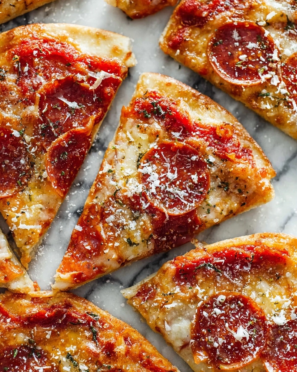 This image shows several slices of thin-crust pepperoni pizza laid out on a white marbled textured surface. Each slice has three visible layers: a golden-brown crispy crust at the bottom, topped with a red tomato sauce layer with herbs, and melted cheese that is golden and bubbly with some browned spots. Thin circular slices of pepperoni are scattered on top of the cheese, adding a deep red color with slightly curled edges. Some white grated cheese is lightly sprinkled over the slices. photo taken with an iphone --ar 4:5 --v 7