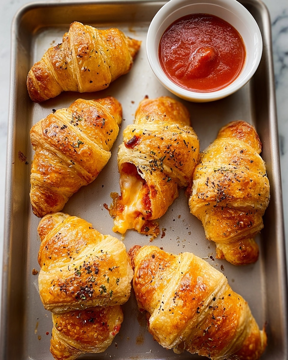 The image shows a baking tray filled with eight golden-brown crescent rolls shaped like small triangles. Each roll has a visible layer of melted white cheese peeking out from inside the crispy, flaky dough with some red tomato sauce oozing out from the edges. The tops are sprinkled with small white sesame seeds and tiny green herbs, with a few black pepper specks adding texture. A small white bowl filled with smooth red tomato sauce is placed on the top right corner of the tray. The background is a white marbled surface with some scattered herbs around the tray. Photo taken with an iphone --ar 4:5 --v 7