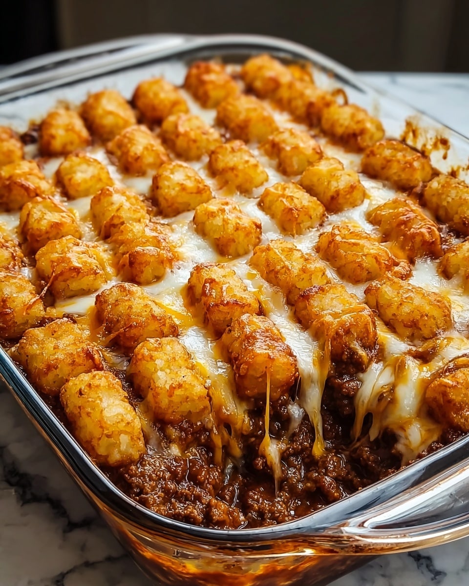 The dish is a baked casserole in a clear rectangular glass dish placed on a white marbled surface. The bottom layer is a rich, dark brown ground meat sauce with a thick, slightly chunky texture. On top of this meat layer are evenly placed golden-brown crispy tater tots arranged in neat rows, forming a grid pattern. Melted cheese in creamy white and light orange shades drips down the sides of the tater tots, stretching and blending with the meat layer below, creating a gooey, appetizing look. The dish has a warm, comforting appearance with a shiny and slightly crisp top from the baked cheese and tater tots. Photo taken with an iphone --ar 4:5 --v 7