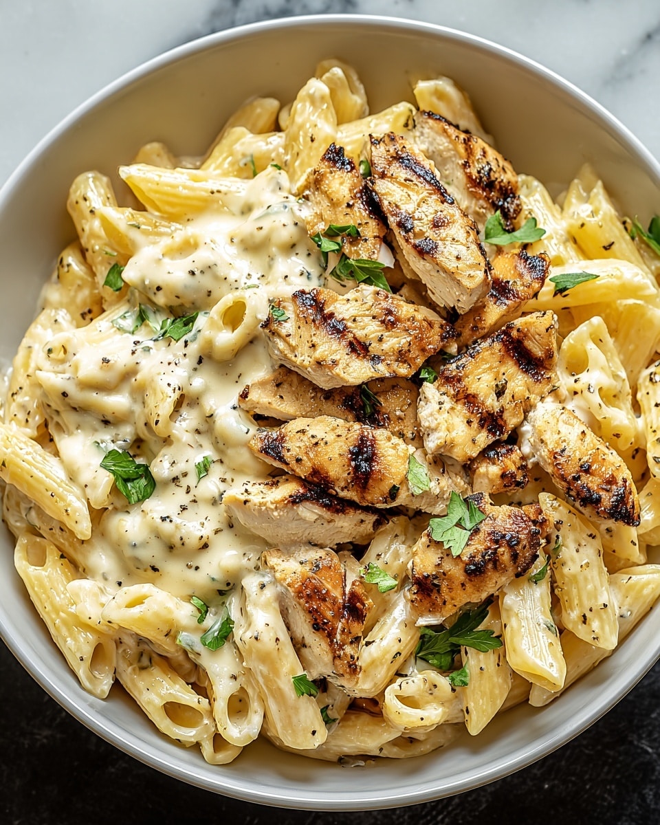 The image shows a close-up of a bowl filled with creamy chicken pasta. The dish has two main layers: the bottom layer is light yellow penne pasta, soft and slightly shiny with a light coating of sauce. The top layer consists of tender pieces of grilled chicken with a golden brown color on some edges, all mixed in a thick, white creamy sauce that has small green herb flakes sprinkled throughout. The bowl is white and sits on a white marbled surface with a partially visible gray cloth on the right side. photo taken with an iphone --ar 4:5 --v 7