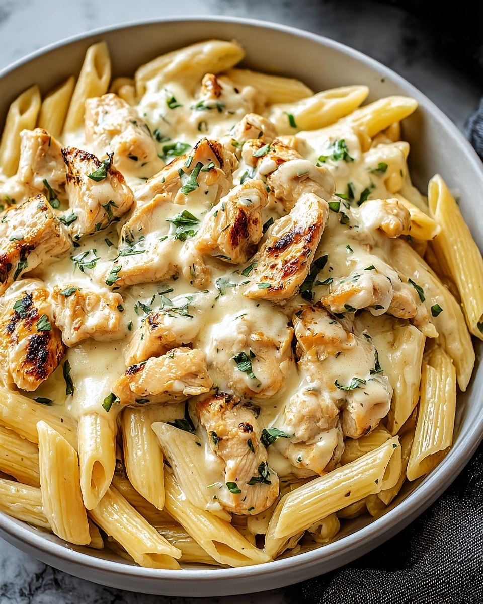 A white bowl filled with three main layers: on the bottom, a creamy white sauce speckled with black pepper, covering a bed of light yellow penne pasta with ridges; on top, browned, grilled pieces of chicken with a slightly crispy texture and golden-brown char marks; scattered across the dish are small, bright green parsley leaves adding fresh color contrast. The bowl sits on a white marbled surface photo taken with an iphone --ar 4:5 --v 7