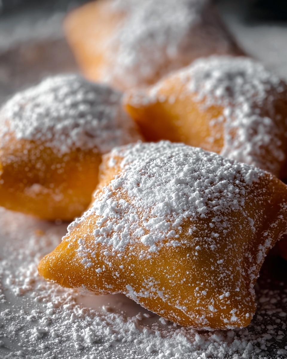 The image shows several golden-brown pieces of fried dough resting close together, each generously covered with a layer of white powdered sugar. The dough pieces have a slightly rough texture and curved square shapes, with the powdered sugar settled unevenly on top, creating a soft and snowy look. The background has a soft bokeh effect emphasizing the dough pieces, and the surface is changed to a white marbled texture underneath, scattered with some extra powdered sugar. The close-up view highlights the light crunchiness of the fried dough and the fine powder dusting photo taken with an iphone --ar 4:5 --v 7