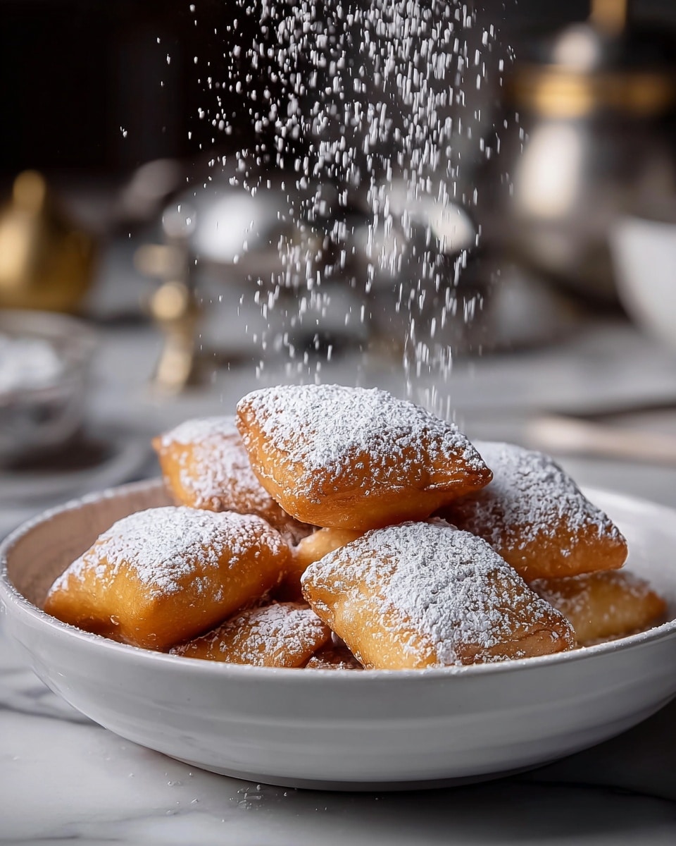 A white bowl filled with a stack of golden brown fried dough squares, lightly puffed and crisp on the edges, dusted generously with white powdered sugar that is falling from above in fine particles. The powdered sugar covers the tops of each piece and the bottom of the bowl, creating a soft white layer over the warm, textured dough. The scene is set on a white marbled surface with a blurry background of kitchen items, highlighting the warm tones of the fried dough and the contrast of the bright powdered sugar. photo taken with an iphone --ar 4:5 --v 7