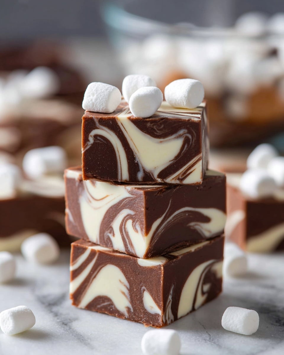 The image shows a stack of five square fudge pieces with two colors swirled together, dark brown and creamy white, creating a marbled effect on each piece. The top piece has four small white marshmallows placed on it. The fudge looks smooth and slightly glossy, with clean edges and swirls that give a soft and rich texture. The background is a white marbled texture with scattered small white marshmallows around the fudge. In the background, there is a blurred glass bowl with more fudge and marshmallows visible. photo taken with an iphone --ar 4:5 --v 7