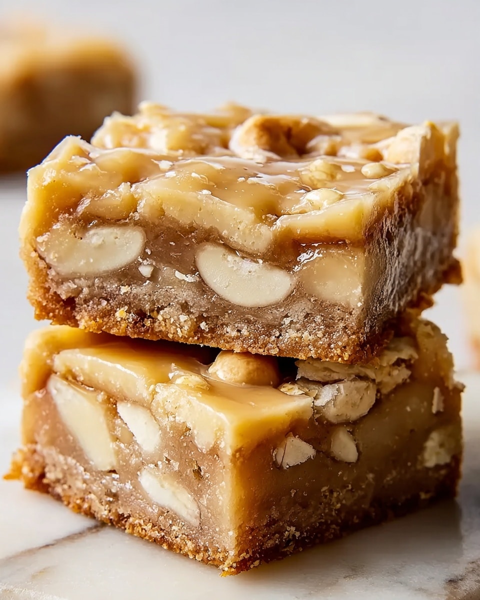 The image shows two square dessert bars stacked on top of each other. Each bar has three clear layers: a crumbly, golden brown crust at the bottom, a thick middle layer filled with soft, pale yellow apple slices, and a crumbly, pale golden topping. The top is covered with a shiny, light glaze that looks smooth and slightly sticky, giving the bars a moist appearance. The bars sit on a flat, rustic surface with a few crumbs scattered around, highlighting the crumbly texture of the dessert. photo taken with an iphone --ar 4:5 --v 7