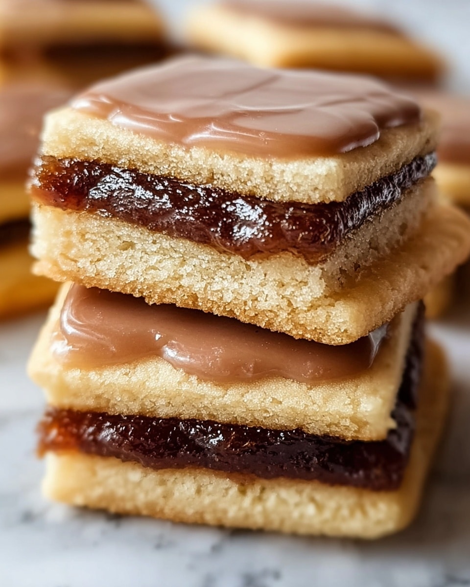 The image shows a close-up of a stack of two square-shaped cookies with three visible layers each. The bottom and top layers are light golden-brown, soft-looking cookies with a slightly porous texture and smooth edges. Between these cookie layers is a middle layer of dark brown, dense, and slightly shiny filling that looks moist and rich. The top cookie of the stack has a glossy light brown glaze with a smooth surface and a faint sheen. The background is a white marbled texture. photo taken with an iphone --ar 4:5 --v 7