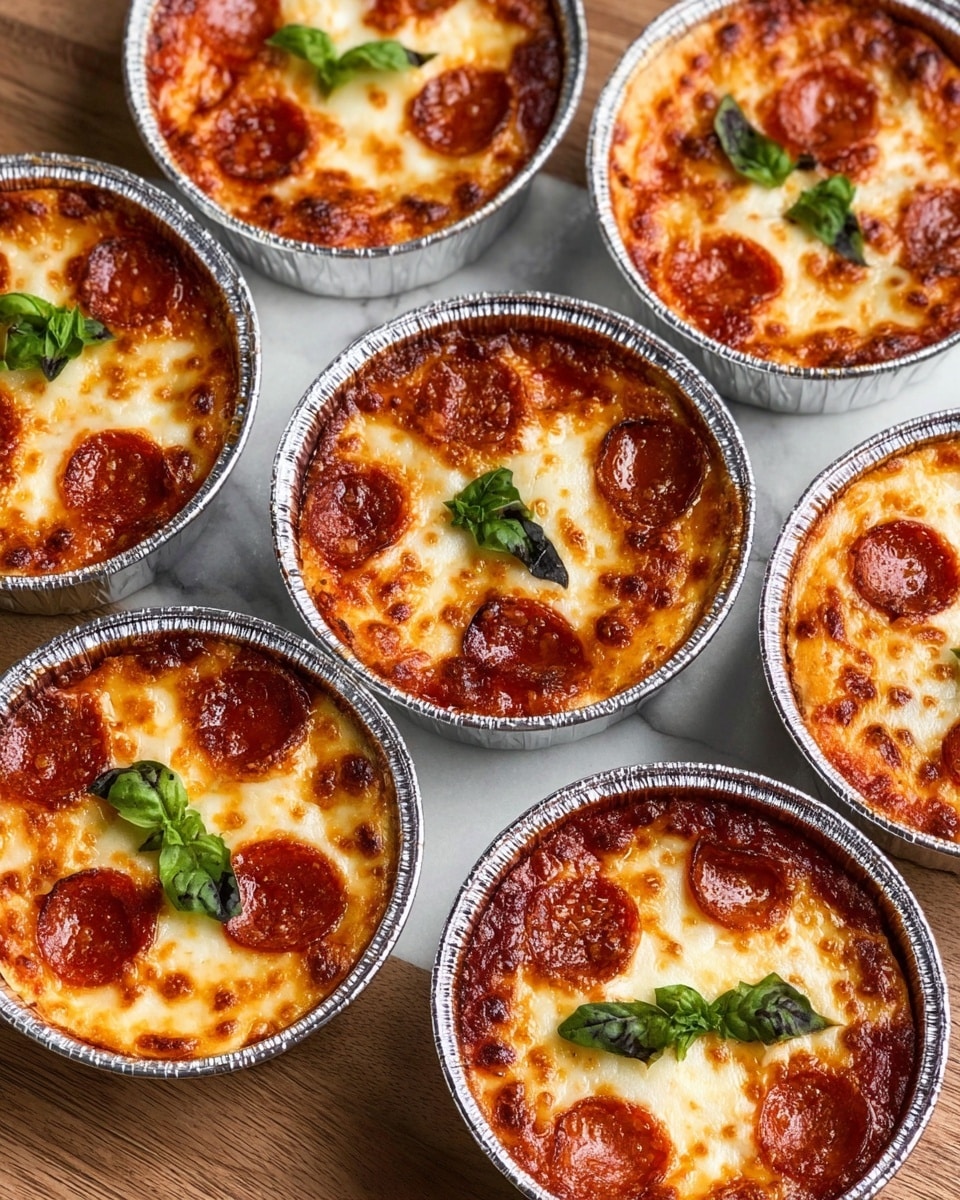 The image shows six small round mini pepperoni pizzas in silver foil containers, placed on a white marbled texture. Each pizza has a golden-brown crust layer at the bottom, followed by a deep red tomato sauce layer, a melted cheese layer that is slightly browned and bubbly, and is topped with small, round slices of reddish-brown pepperoni and green basil leaf pieces scattered on top. The cheese layer has an uneven texture with some browned spots, and the foil containers have crimped edges. Photo taken with an iphone --ar 4:5 --v 7