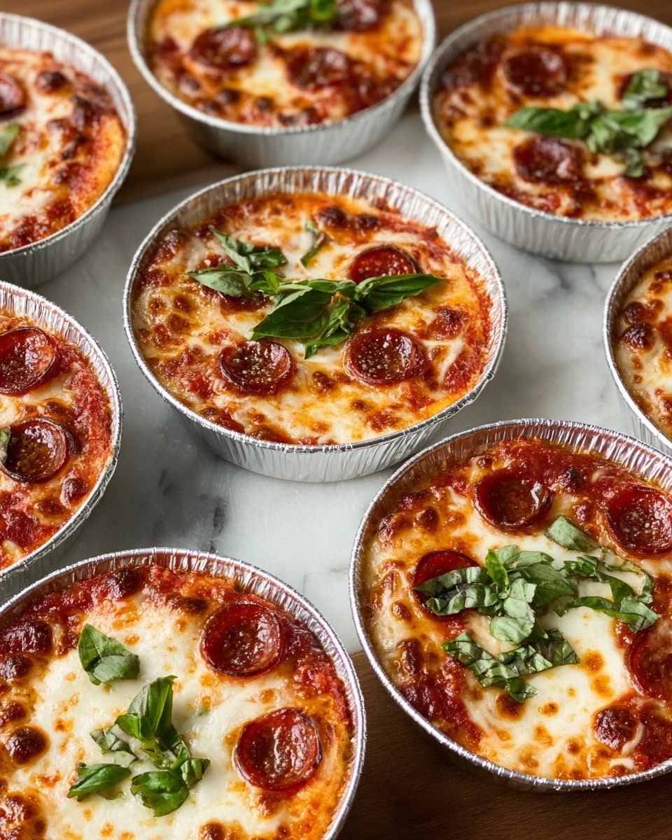 Six small round pizzas are shown in individual silver foil pans, each with three layers visible: a bottom light golden-brown crust, a middle red tomato sauce layer, and a top melted white cheese layer with slightly browned spots. Small round pepperoni slices with a deep reddish-brown color are scattered on top, along with fresh green basil leaves. The pizzas are placed on a white marbled surface. photo taken with an iphone --ar 4:5 --v 7