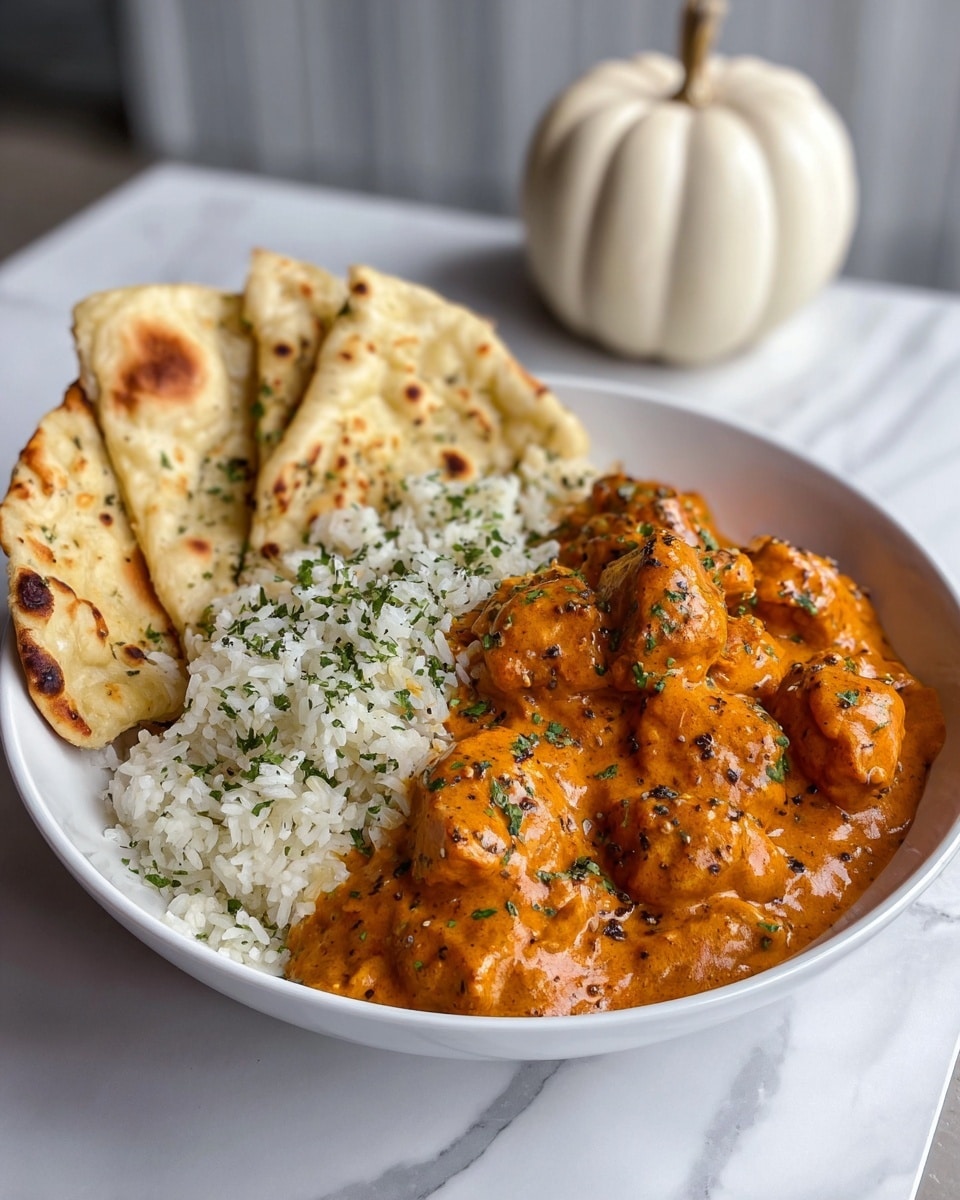 The dish shows a white plate with three main parts arranged cleanly. At the top left, there are four folded pieces of naan bread, light beige with warm brown spots, leaning against each other in a fan shape. In the center of the plate, there is a mound of white rice with scattered small green herb bits on top. Below the rice, occupying the bottom half of the plate, is a creamy orange curry with small meat or vegetable chunks, sprinkled with finely chopped green herbs and tiny black and red pepper flakes. The plate rests on a white marbled surface. Photo taken with an iphone --ar 4:5 --v 7