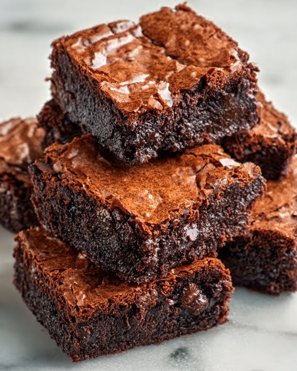 Several rich, dark brown chocolate brownies are stacked on a white marbled surface. The brownies have a shiny, crackled top layer with a slightly rough texture, showing the moist and dense chocolate inside. There are about two layers visible: the top crispy crust and the soft, fudgy interior beneath. The edges are well-defined, and the pieces are cut into squares of similar size. The lighting is natural, highlighting the moistness and texture of each brownie. Photo taken with an iphone --ar 4:5 --v 7
