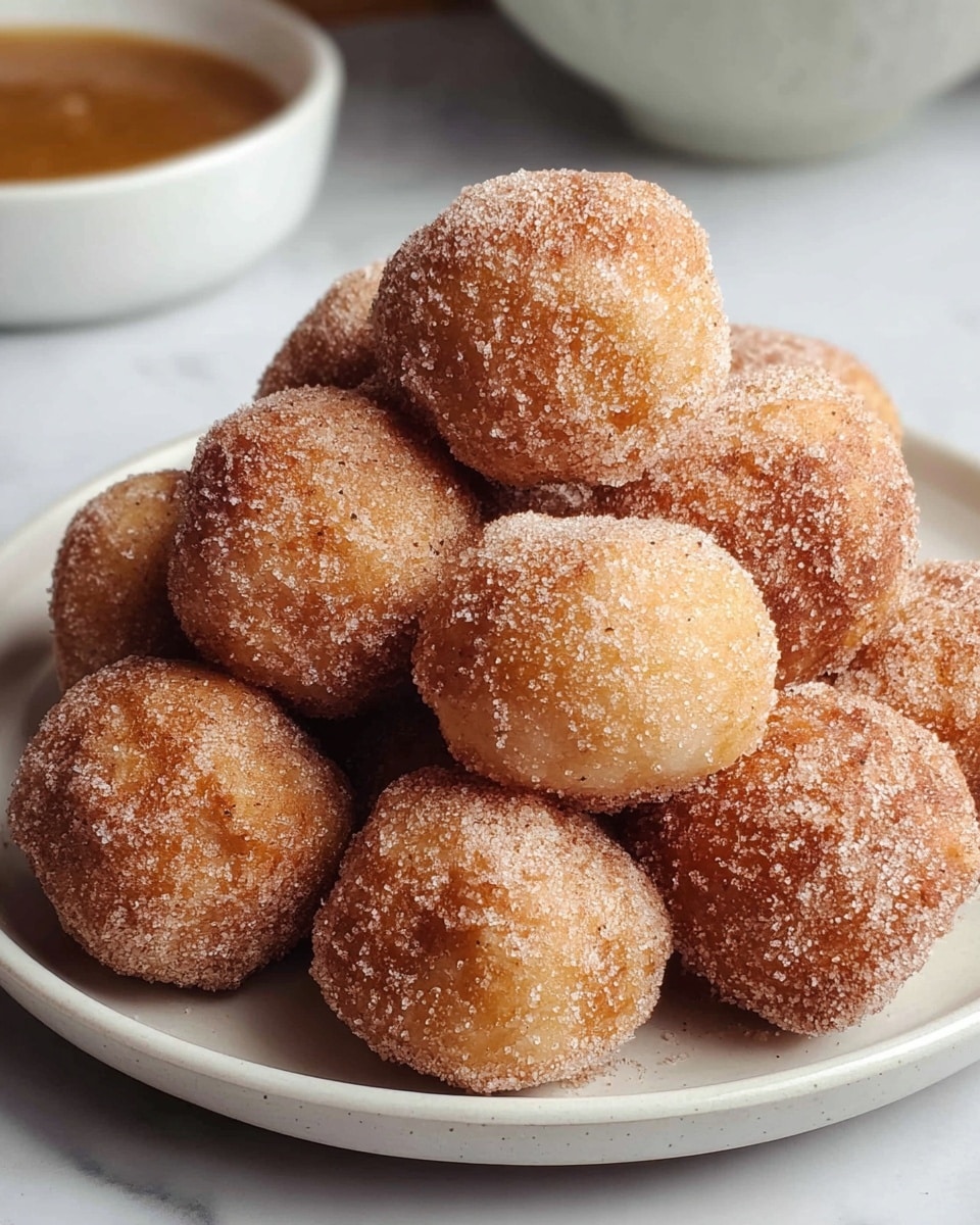 A round white plate is filled with a neat pile of small, golden-brown doughnut holes that are evenly coated in a mix of sugar and cinnamon, giving them a slightly grainy texture with a sparkling finish. The doughnut holes are stacked in layers, about two to three deep, each showing a soft, slightly rough surface. The plate sits on a white marbled texture surface, giving the image a clean and bright look. In the background, there is a glimpse of a white bowl holding a golden-brown sauce, slightly blurred to keep focus on the doughnut holes. photo taken with an iphone --ar 4:5 --v 7
