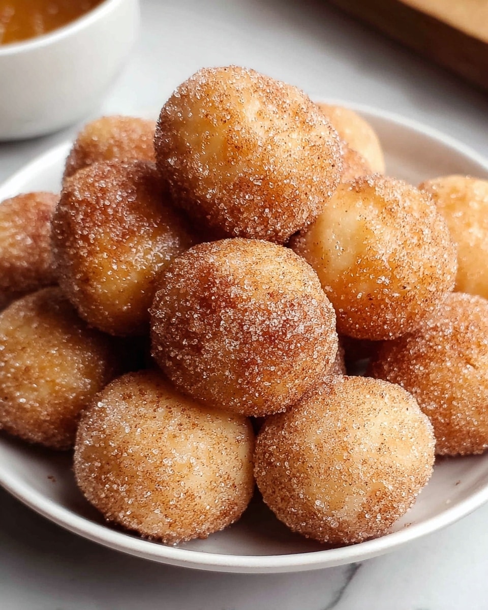 A white bowl filled with about a dozen small round dough balls coated with a sugary cinnamon layer, giving them a light golden-brown color and a slightly grainy texture. The balls are piled in a loose pyramid shape, showing their soft and puffy form with sugar granules sparkling on the surface. The background and surface have a white marbled texture, and a small part of another white bowl with a golden-brown content is visible in the top left corner. photo taken with an iphone --ar 4:5 --v 7