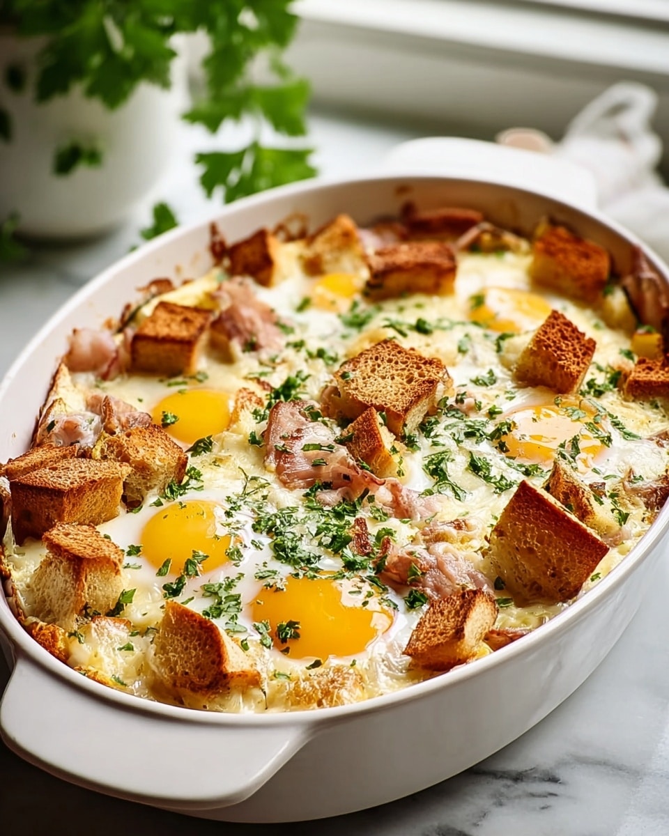The image shows a white oval casserole dish filled with a baked breakfast casserole. The bottom layer appears creamy and cheesy with melted white cheese covering the surface. Scattered on top are golden brown toasted bread cubes that add a crispy texture. There are visible whole cooked eggs baked into the dish, their yolks bright yellow and slightly set. Fresh green herbs are sprinkled across the top, adding a touch of color and freshness. The casserole's edges are slightly browned and crispy, and the dish sits on a white marbled surface with a blurred plant in the background, creating a fresh and inviting kitchen scene. photo taken with an iphone --ar 4:5 --v 7