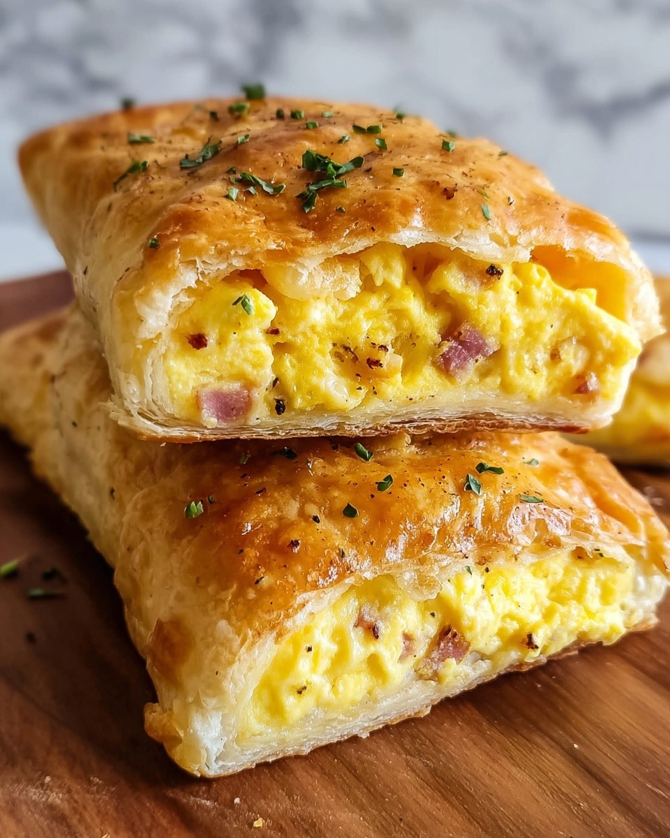 Two golden-brown folded pastries stacked on top of each other reveal a soft, fluffy scrambled egg filling with small bits of reddish ham and black pepper. The outer crust is flaky with a slightly shiny, crispy texture sprinkled with tiny green herbs. The pastries rest on a white marbled surface, showing clear layers of pastry and egg inside. Photo taken with an iphone --ar 4:5 --v 7