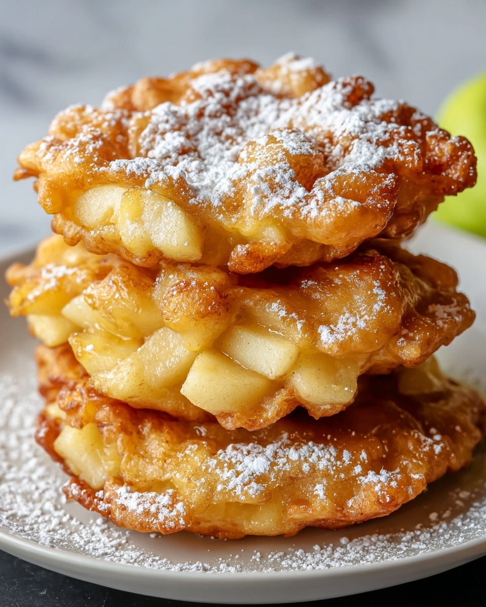 A stack of three golden brown apple fritters sits on a white plate, each fritter thick and slightly irregular in shape with visible chunks of soft, cooked apple inside. The fritters have a crispy, slightly rough texture on the outside, with a light dusting of powdered sugar scattered on top and around the edges. The warm yellow and light brown colors of the fritters contrast with the white powdered sugar, and the plate rests on a white marbled surface. Photo taken with an iphone --ar 4:5 --v 7
