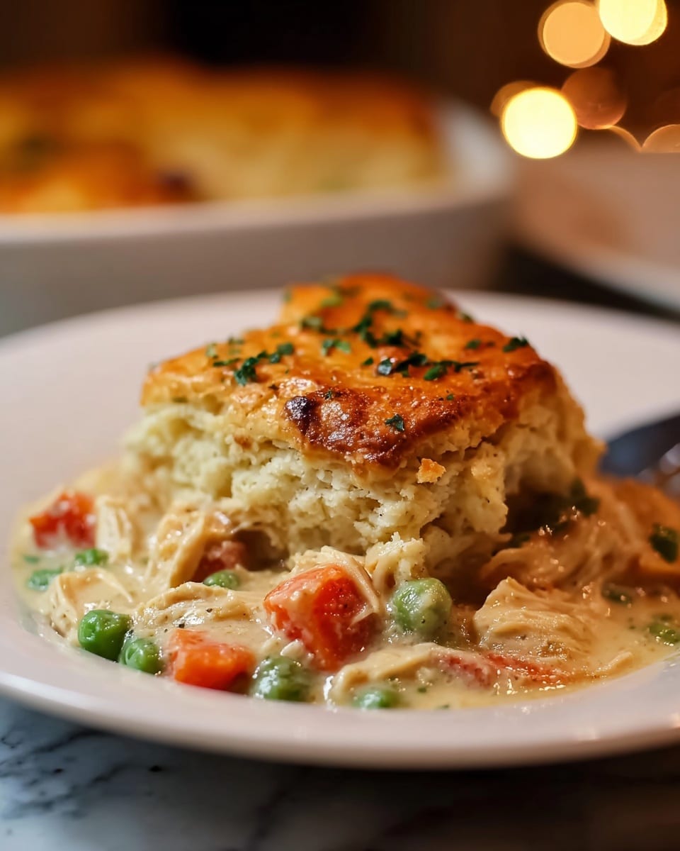 A white plate holds a comforting serving of chicken pot pie with two main layers. The bottom layer is a creamy mix of shredded chicken, bright orange carrot chunks, and green peas in a light beige sauce. The top layer is a thick, golden-brown biscuit with a soft, flaky texture and a slightly crispy top, sprinkled with small green herb pieces. The dish is placed on a white marbled surface with warm lighting giving a cozy feeling. Photo taken with an iphone --ar 4:5 --v 7