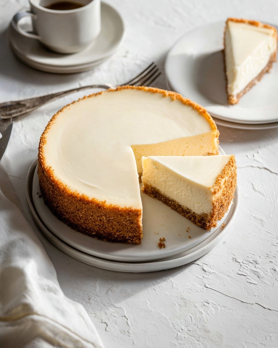 A round cheesecake with one slice cut out is shown on a white plate, placed on a white marbled texture. The cheesecake has two layers: a thick, creamy, smooth off-white filling on top, and a golden brown crumbly crust at the bottom and edges, about one-third the height of the whole cake. The cut slice reveals the clean, sharp edges of these layers. In the background on the right, there's a separate white plate holding the cut slice of cheesecake, with a fork beside it. On the top left, there's a white cup and saucer partially visible. A silver fork and a white cloth napkin are placed near the bottom left corner of the image. The lighting is soft and natural, highlighting the smooth texture of the cheesecake. Photo taken with an iphone --ar 4:5 --v 7