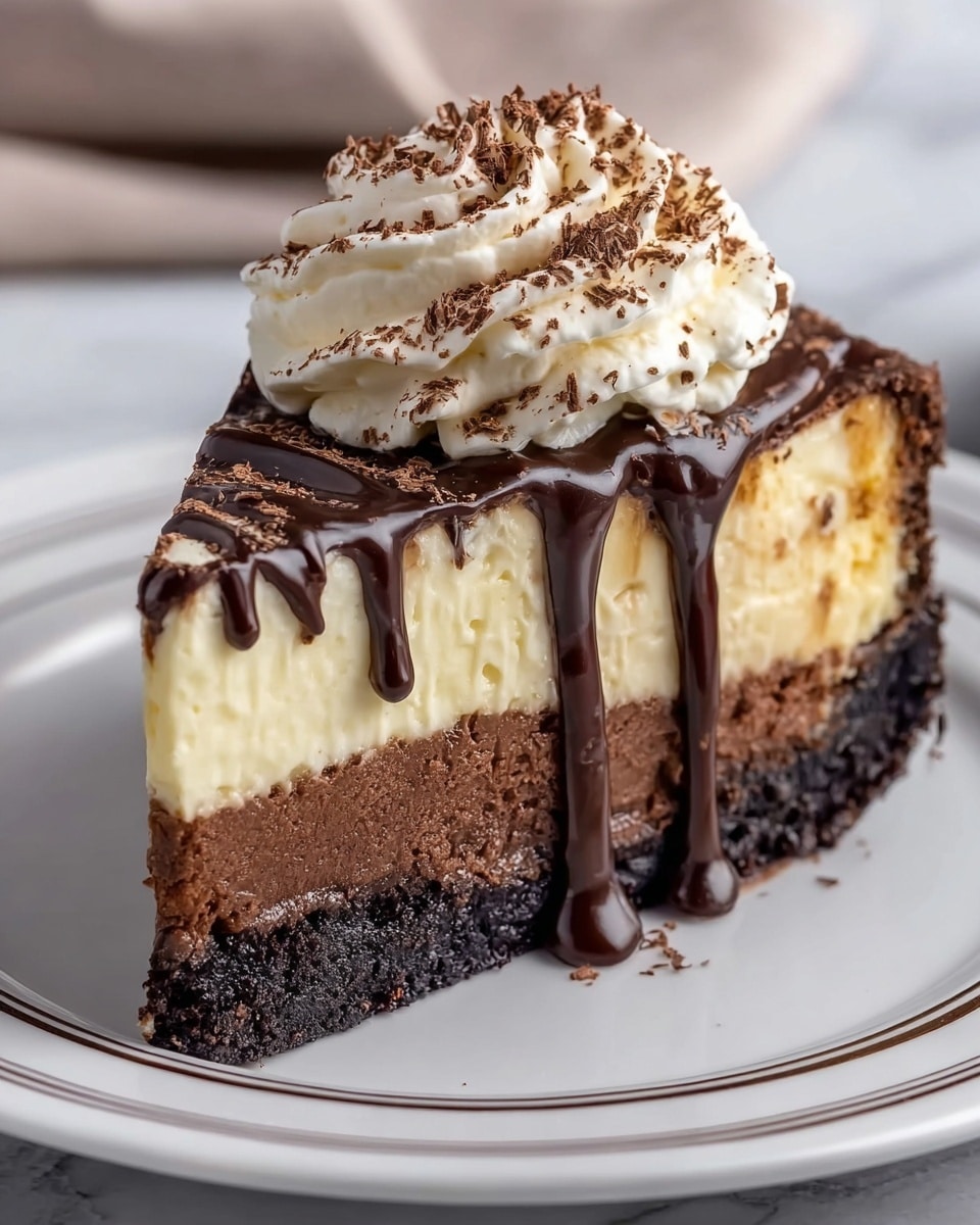 A slice of layered cheesecake with three distinct layers sits on a white plate with thin chocolate lines around the edge. The bottom layer is a dark, crumbly chocolate crust with a rough texture. Above it is a thick, dense, dark chocolate layer, smooth in texture. The top layer is a creamy off-white cheesecake that looks soft and light, with tiny cracks near the edge. On top of the cheesecake, there is a swirl of whipped cream, creamy white and fluffy, drizzled generously with glossy dark chocolate sauce that drips slightly down the side of the slice. A light dusting of cocoa powder is sprinkled over the whipped cream. The plate rests on a background of white marble texture. photo taken with an iphone --ar 4:5 --v 7