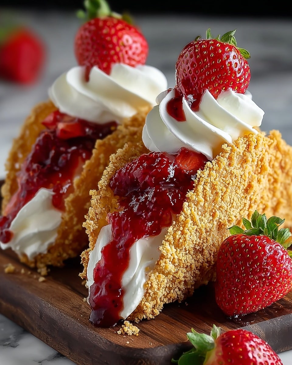 Two dessert tacos rest on a dark wooden board with a white marbled background. Each taco shell is golden brown and coated in a crumbly texture. Inside, there is a smooth white cream filling as the base layer, topped with a thick, glossy red strawberry jam that drips slightly over the shell edges. On top of each taco, there is a swirl of white whipped cream and a half strawberry with its green leaves still attached. A whole strawberry lies beside the tacos on the board. Photo taken with an iphone --ar 4:5 --v 7