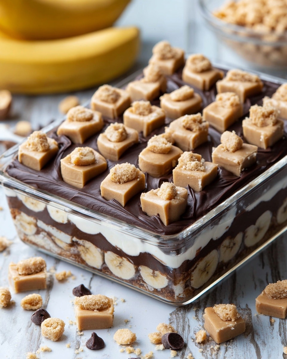 The image shows a glass square dish filled with low calorie frozen banana snickers, arranged in neat rows. Each piece has three visible layers: the bottom layer is light tan and crumbly, the middle layer is smooth and dark chocolate, and the top layer is creamy beige with small chunks that look like peanut pieces. The top layer sits evenly on the chocolate layer with larger chunks scattered on top. Below this dish, several individual snickers bars are placed on a white plate with a white marbled surface underneath, showing the bars' shiny, thick dark chocolate coating on the sides and light banana slices and nut pieces packed on top. photo taken with an iphone --ar 4:5 --v 7