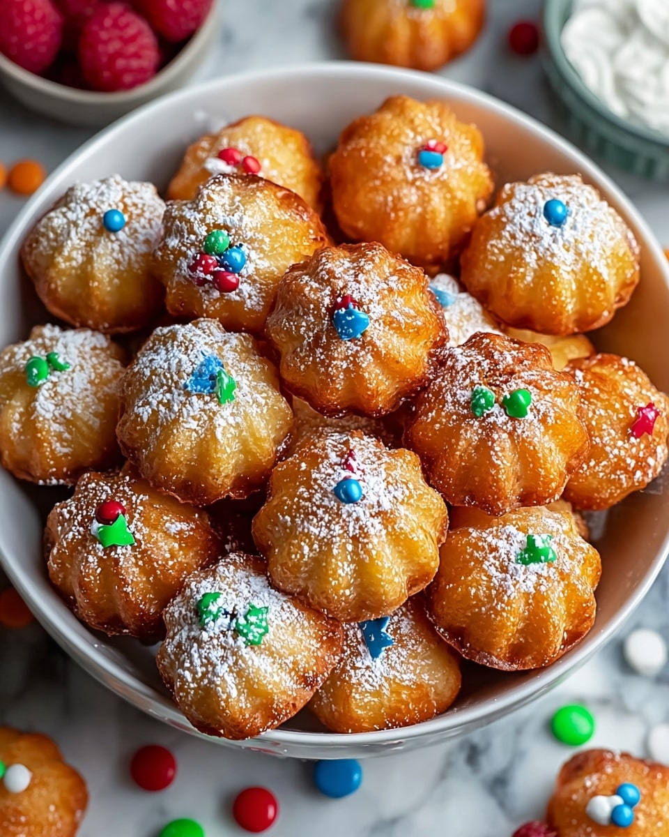 The image shows a white bowl full of small, golden-brown mini bundt cakes with a textured, rounded shape. Each cake is topped with a light dusting of white powdered sugar, giving a snowy effect on the surface. In the center of the tops, there are tiny colorful candy sprinkles in green, blue, red, and white, adding bright spots of color. The bowl is placed on a white marbled surface scattered with more small colorful candies and a few raspberries, creating a playful and inviting scene. Photo taken with an iphone --ar 4:5 --v 7