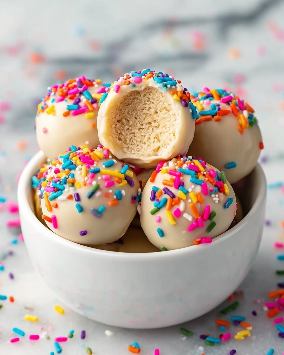 A white bowl filled with six round cake balls, each coated in a smooth, light cream frosting with colorful rainbow sprinkles all over the surface. One cake ball is at the top center, showing an inside bite exposing a soft, dense, light beige cake texture. The bowl sits on a white marbled surface with scattered sprinkles around it. The colors of the sprinkles include bright pink, orange, blue, yellow, and green, adding a festive look to the pale cream frosting. Photo taken with an iphone --ar 4:5 --v 7