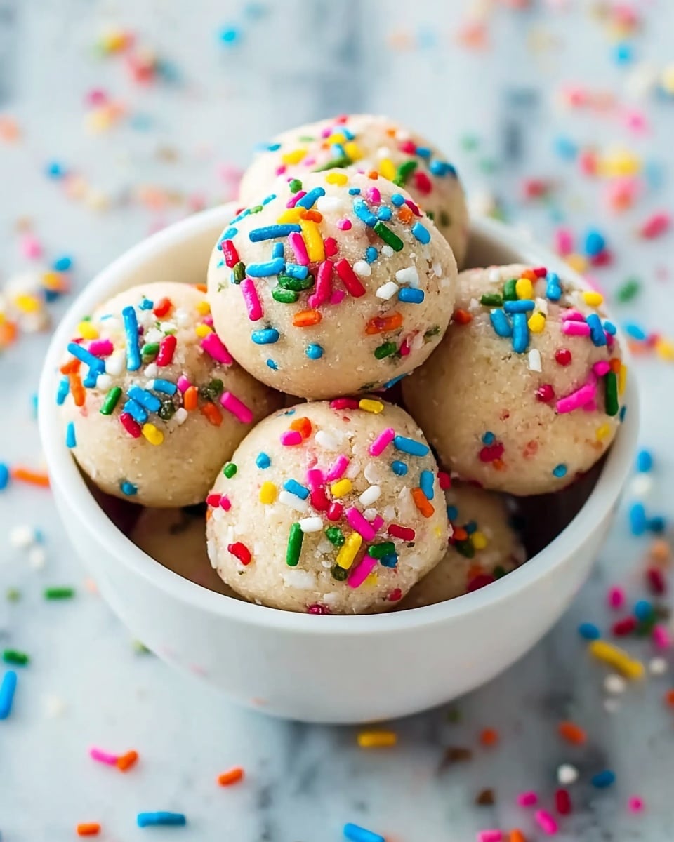 A white bowl filled with six round dough balls that have a light beige color and are covered with colorful sprinkles in blue, pink, yellow, green, orange, white, and red. The balls have a slightly rough texture and are stacked closely together inside the bowl. The background features a white marbled surface with scattered sprinkles around the bowl. photo taken with an iphone --ar 4:5 --v 7
