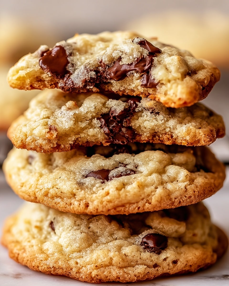 A close-up image of a stack of four chocolate chip cookies with a golden-brown color and a soft crumbly texture, the top cookie is broken in half showing a chewy inside with melted chocolate chips embedded. Each cookie has a slightly rough surface with visible chocolate chips that are dark brown, set against a soft pale yellow dough. The edges are crisp and darker brown, giving a crispy look. The stack is arranged vertically on a white marbled texture that is softly blurred in the background. photo taken with an iphone --ar 4:5 --v 7