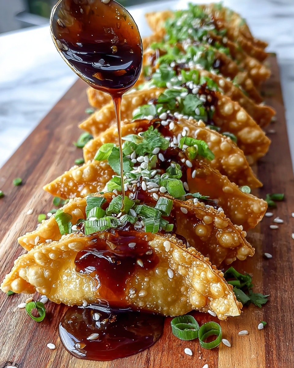 The image shows a row of crispy golden fried wontons arranged on a wooden board. Each wonton is topped with a glossy dark brown sauce being drizzled from a spoon above, and fresh bright green chopped scallions sprinkled generously over the sauce. White sesame seeds are scattered on top, adding texture and contrast. The wontons have a crunchy, bubbled surface and are stacked closely in a neat line, with some sauce dripping onto the wooden board. The background is blurred with a clean white marbled texture visible near the edges. Photo taken with an iphone --ar 4:5 --v 7