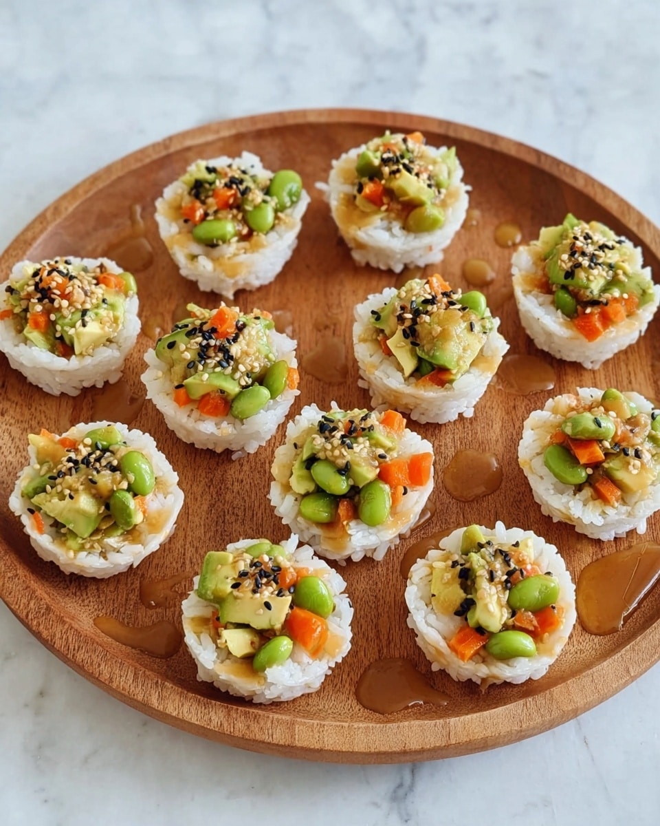 A round wooden plate holds eleven small sushi cups, each made of a white rice base shaped like a shallow cup with a slightly textured edge. Inside each rice cup, there is a colorful mixture of diced green avocado, bright orange carrot bits, and whole light green edamame beans, topped with a sprinkle of tiny black sesame seeds. A light brown sauce is drizzled over the sushi cups and around them on the wooden plate. The background is a white marbled surface, creating a clean and bright contrast with the food. photo taken with an iphone --ar 4:5 --v 7