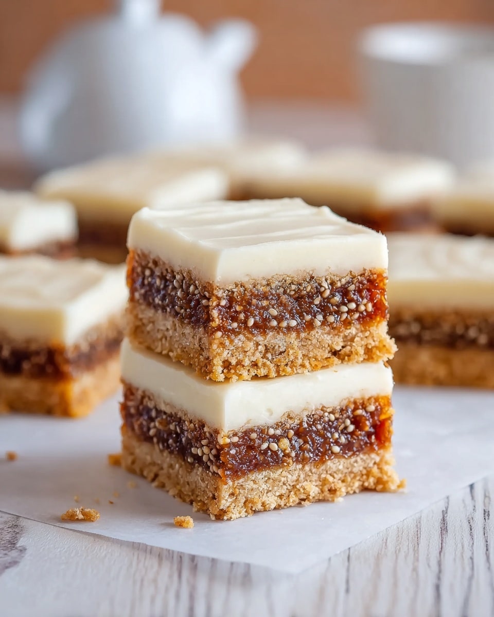 The image shows two stacked square dessert bars with three clear layers, sitting on white parchment paper over a light wood surface with a white marbled texture blurred in the background. The bottom layer is a light golden brown crumbly crust, the middle layer is a thick, deep brown filling with visible seeds giving it a textured, slightly sticky look, and the top layer is a smooth, creamy white icing spread evenly with a soft texture. Additional bars are blurred in the background with a white teapot also slightly out of focus. Photo taken with an iphone --ar 4:5 --v 7