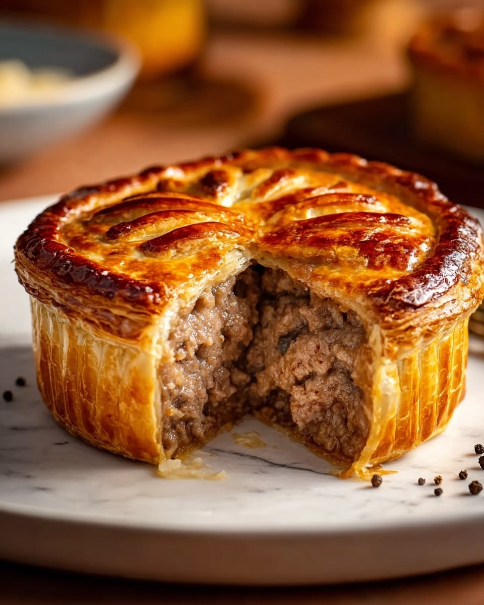 A small round meat pie sits on a white plate with a few coarse black pepper grains scattered around. The pie has a thick, shiny, golden-brown top crust with a braided edge pattern, showing flaky layers and a slightly puffed texture. A large piece is cut out revealing a dense, moist ground meat filling inside, which is a mix of light and dark brown color, tightly packed and cooked. The pie's sides display the same flaky golden crust as the top, standing tall and smooth. The background is softly blurred with warm brown tones, emphasizing the pie on a white marbled surface. Photo taken with an iphone --ar 4:5 --v 7